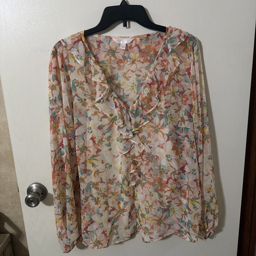 Lauren Conrad Floral Sheer Blouse Large Ruffle Front Romantic Cottagecore Top